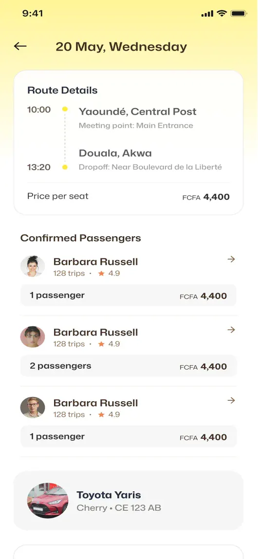 Trip details screen with confirmed passengers