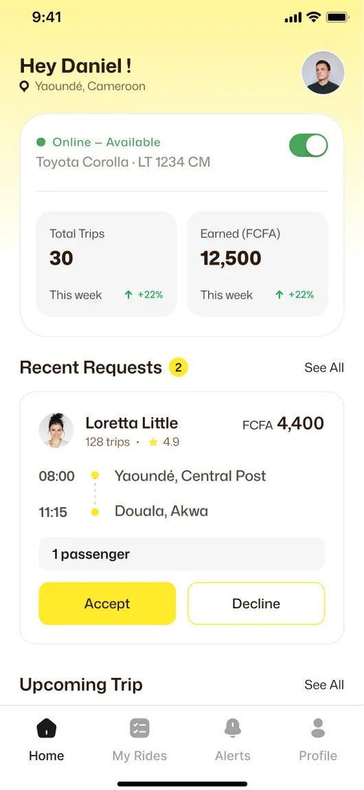 Driver home screen with earnings and recent ride requests