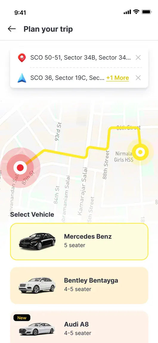 Plan your trip screen with vehicle selection