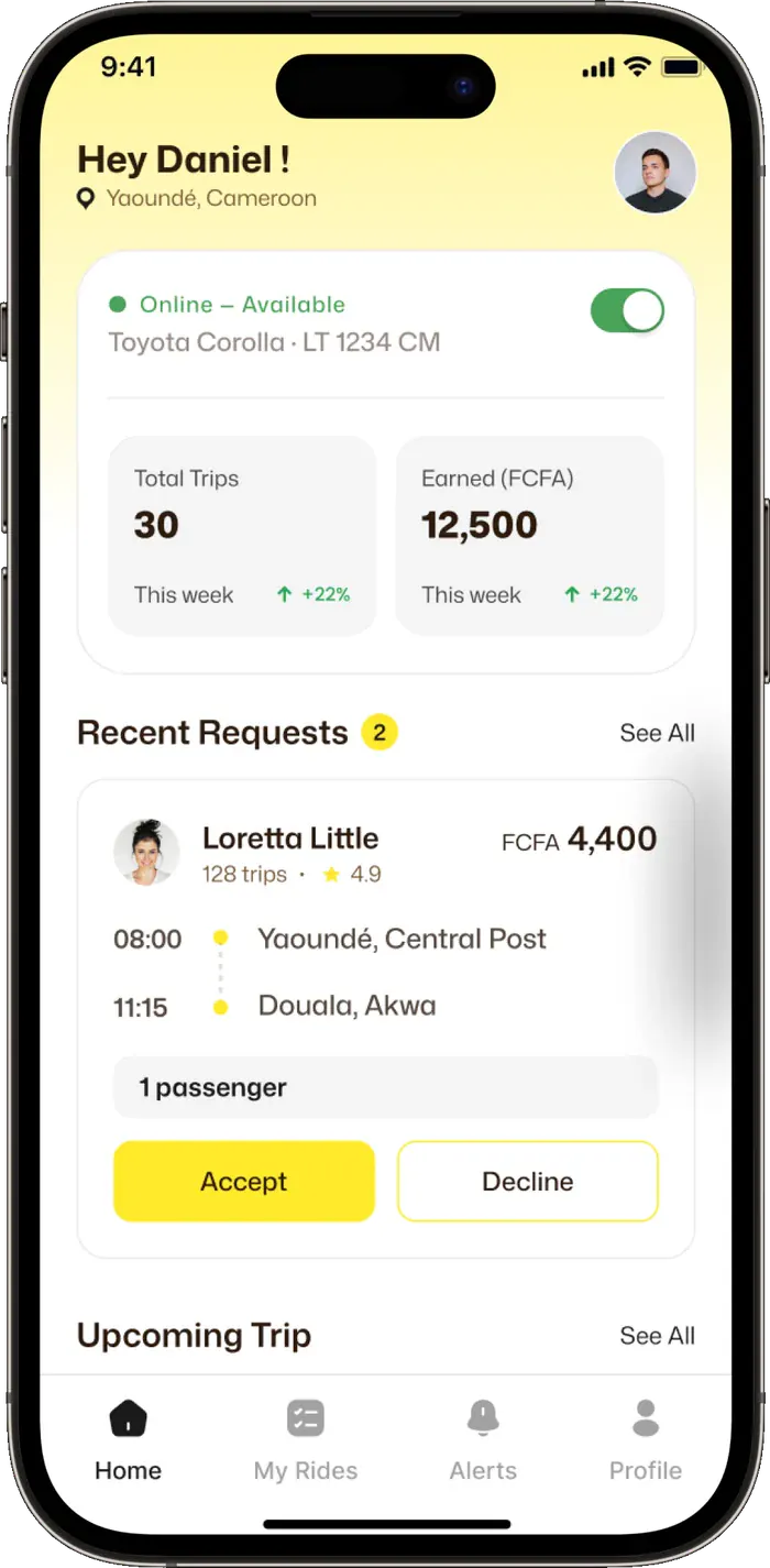 Taxi driver app showing today’s trips, earnings and incoming ride requests
