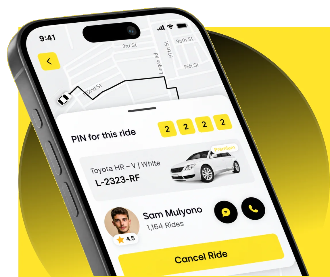 Driver app with PIN confirmation, daily goal and rider details