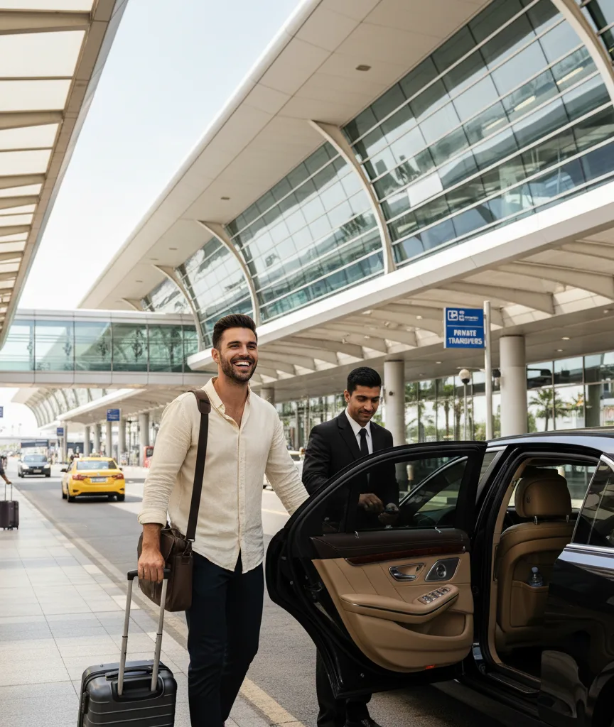 Traveller with luggage met by a driver at the airport terminal