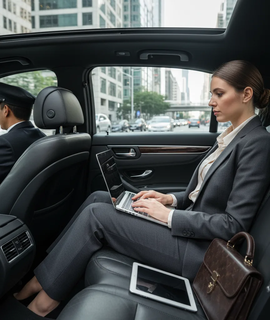 Business passenger working in the back of an executive car
