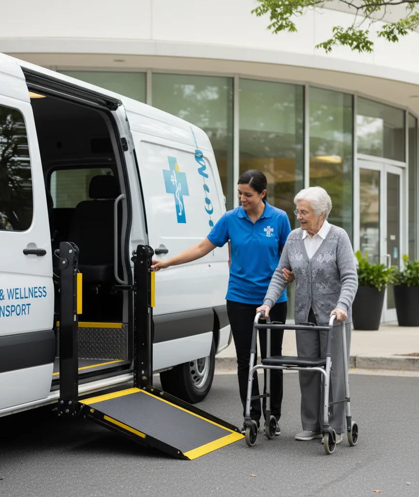 Care assistant helping a passenger board an accessible transport van