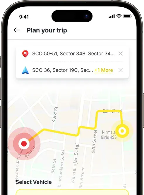 Trip planning screen with pickup, drop-off and live route