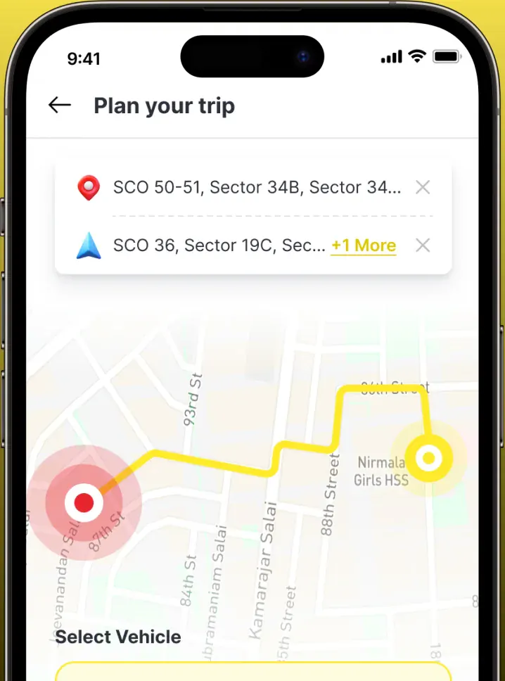 Trip planning screen with pickup, drop-off and live route