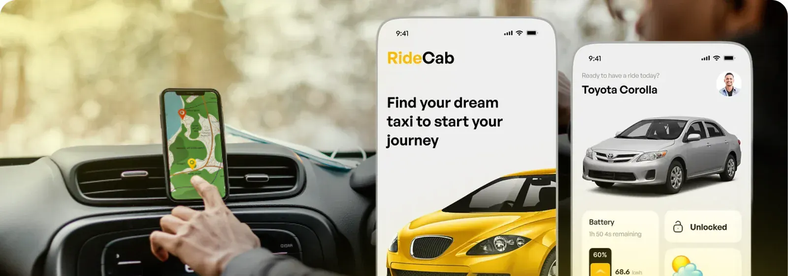 RideCab taxi booking app shown on three phones